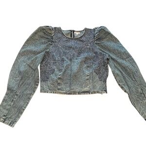 Anthropologie Pilcro Embellished Long-Sleeve Denim Top Acid Wash Womens Medium